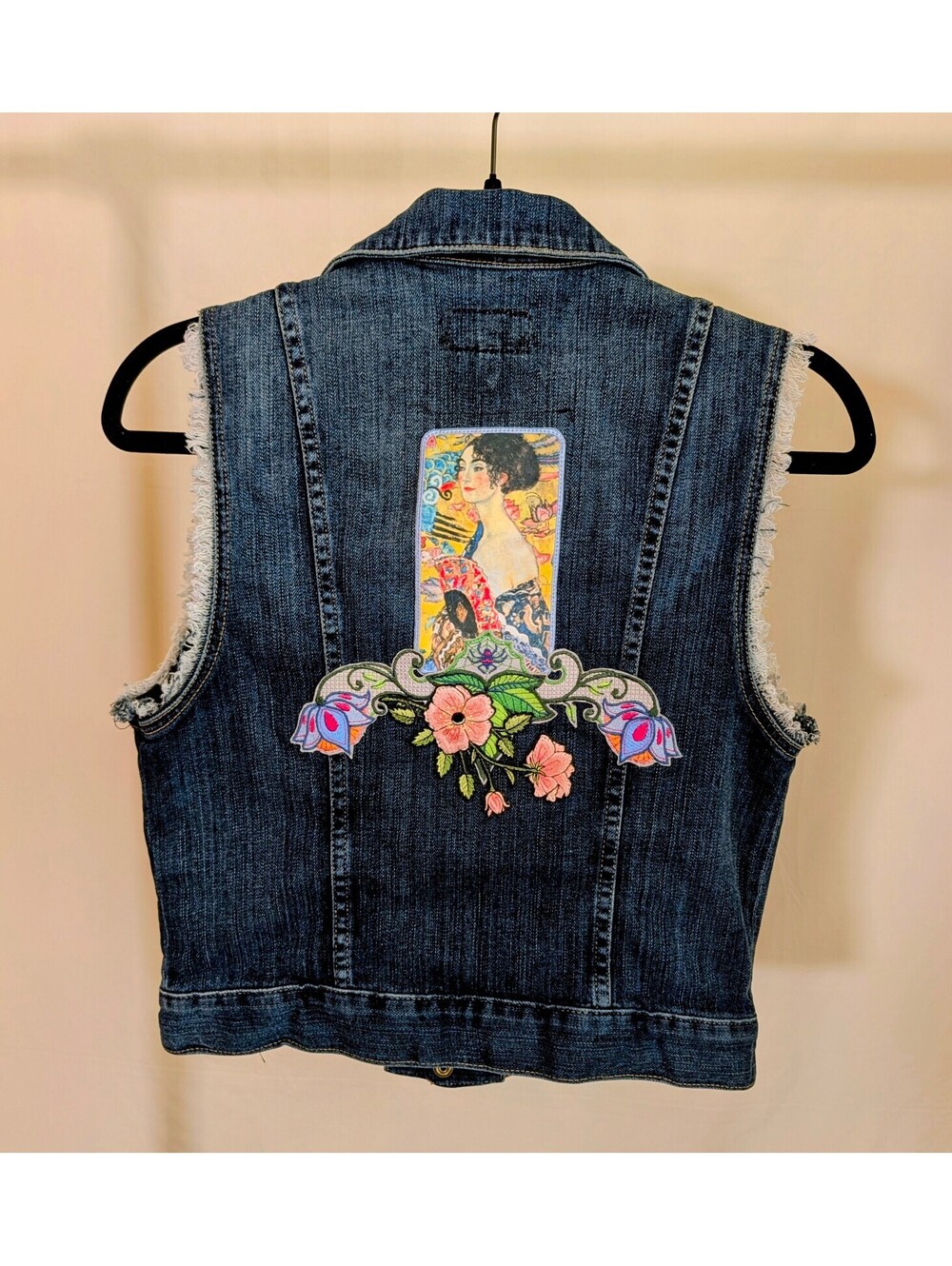 Current/Elliott Denim Vest Klimt Lady with Fan Art Print Embroidered Patch 2/SM